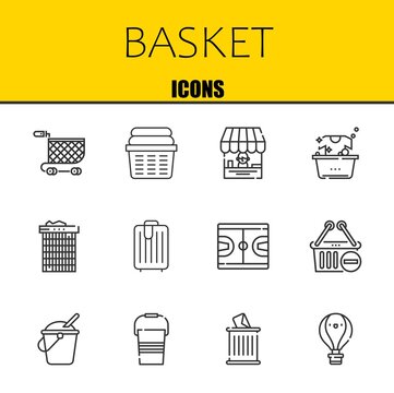basket vector line icons set. shopping cart, laundry and shop Icons. Thin line design. Modern outline graphic elements, simple stroke symbols stock illustration