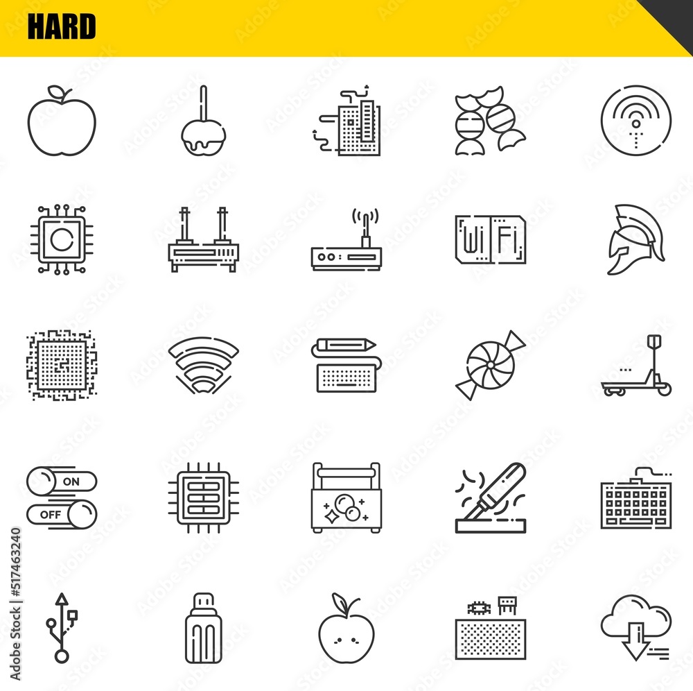 Poster hard vector line icons set. apple, usb and cpu icons. thin line design. modern outline graphic eleme