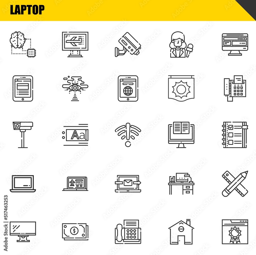Poster laptop vector line icons set. artificial intelligence, monitor and cctv icons. thin line design. mod