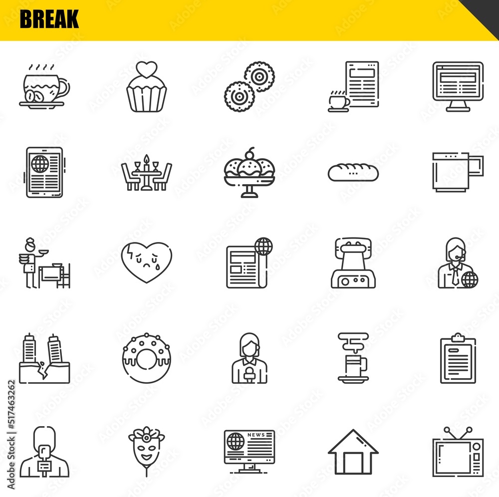 Poster break vector line icons set. coffee, news reporter and setting the table icons. thin line design. mo