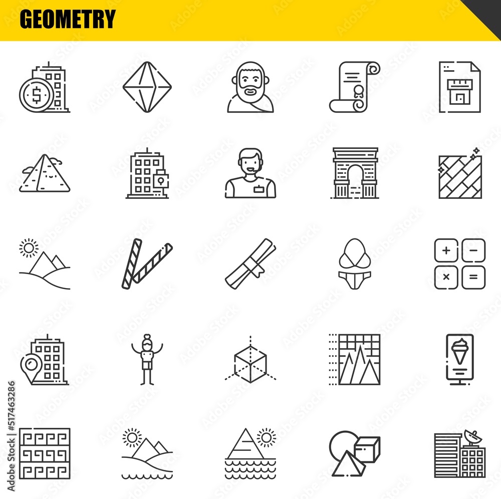 Poster geometry vector line icons set. building, pattern and pyramid icons. thin line design. modern outlin