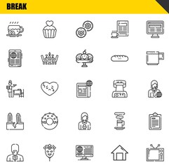 break vector line icons set. coffee, news reporter and setting the table Icons. Thin line design. Modern outline graphic elements, simple stroke symbols stock illustration