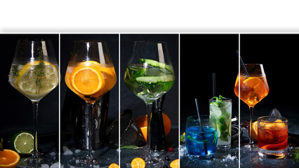 Collage made of Cocktails assortment served on dark background.