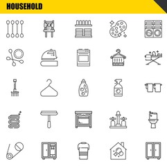 household vector line icons set. cotton swab, safety pin and rake Icons. Thin line design. Modern outline graphic elements, simple stroke symbols stock illustration