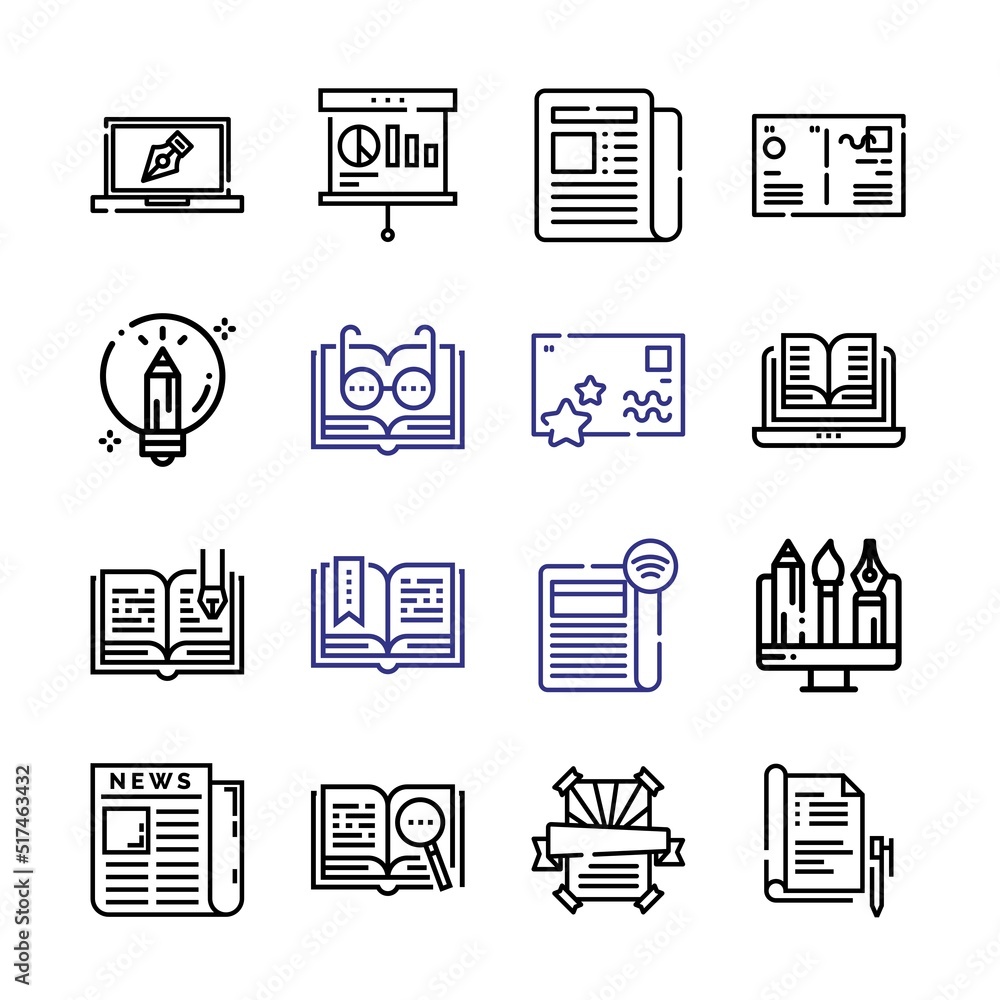 Poster magazine icon set with line icons. modern thin line style. suitable for web and mobile icon. vector 