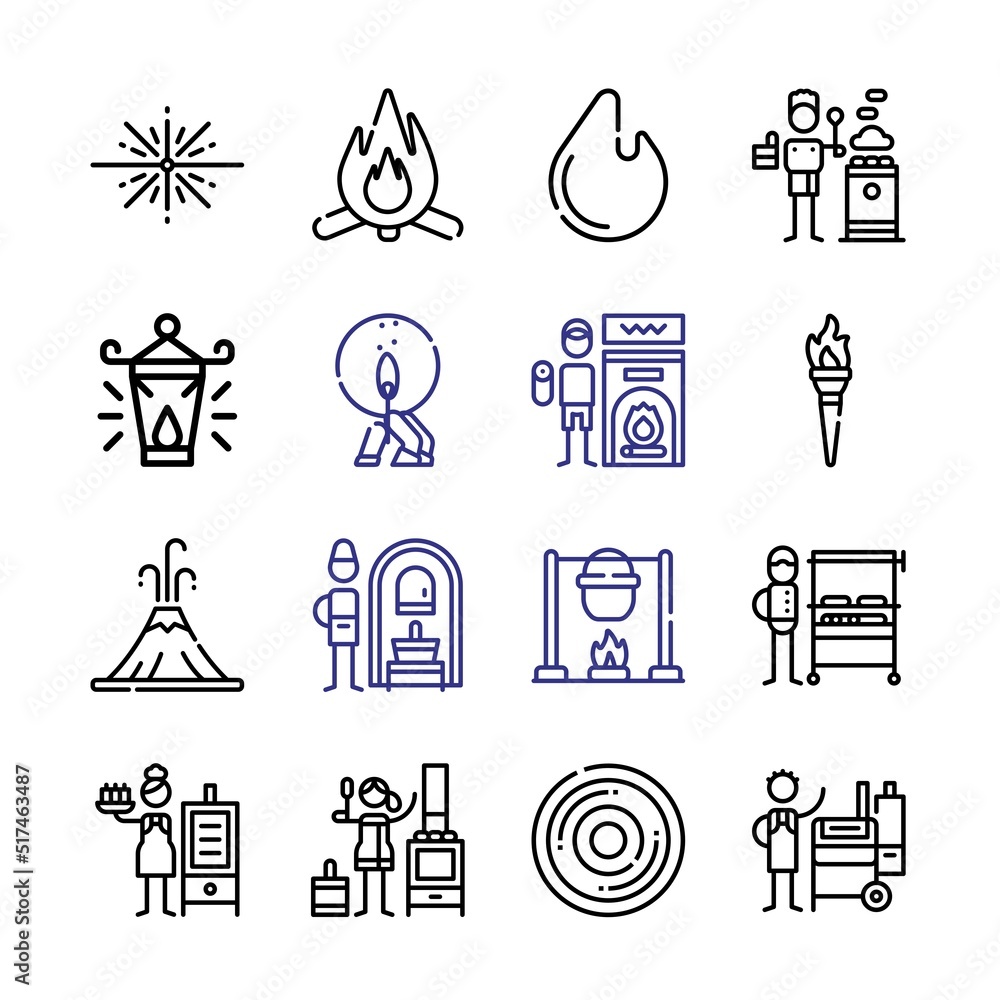 Poster burn icon set with line icons. modern thin line style. suitable for web and mobile icon. vector illu