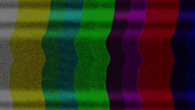 Color bars on a TV monitor with bad interference, glitch and noisy stripes.  Television signal error, flickering  test screen background animation . 4k, digitally generated image.