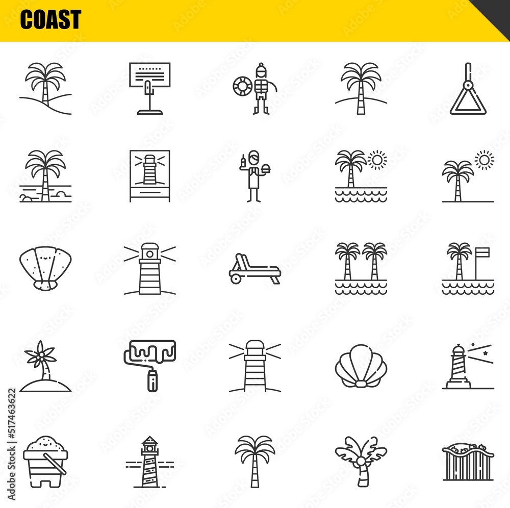 Poster coast vector line icons set. palm tree, sand and seashell icons. thin line design. modern outline gr