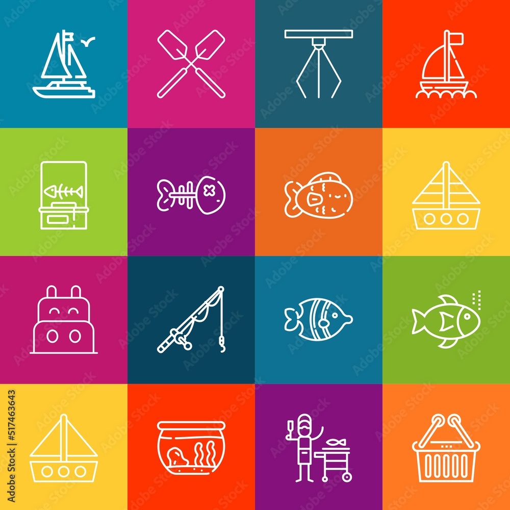 Poster modern thin line icons set of fishing elements. premium quality outline symbol collection. simple mo