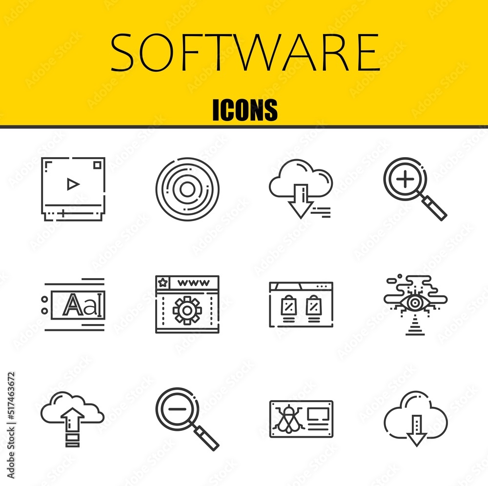 Poster software vector line icons set. video player, compact disc and server icons. thin line design. moder