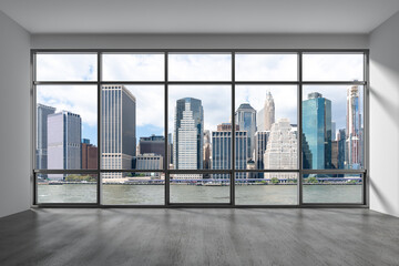 Fototapeta na wymiar Downtown New York City Lower Manhattan Skyline Buildings. High Floor Window. Beautiful Expensive Real Estate. Empty room Interior Skyscrapers View Cityscape. Financial district. Day. 3d rendering.