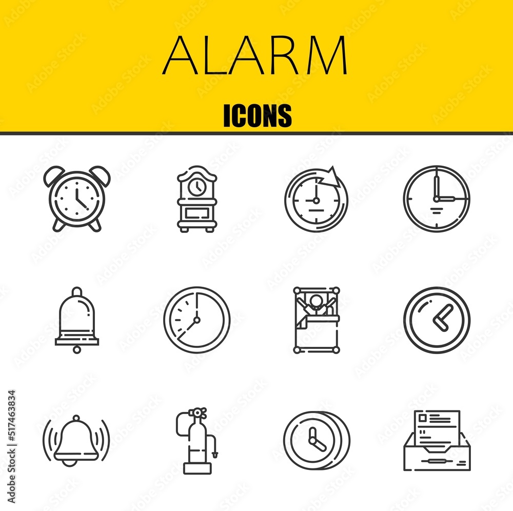 Poster alarm vector line icons set. alarm clock, clock and clock icons. thin line design. modern outline gr