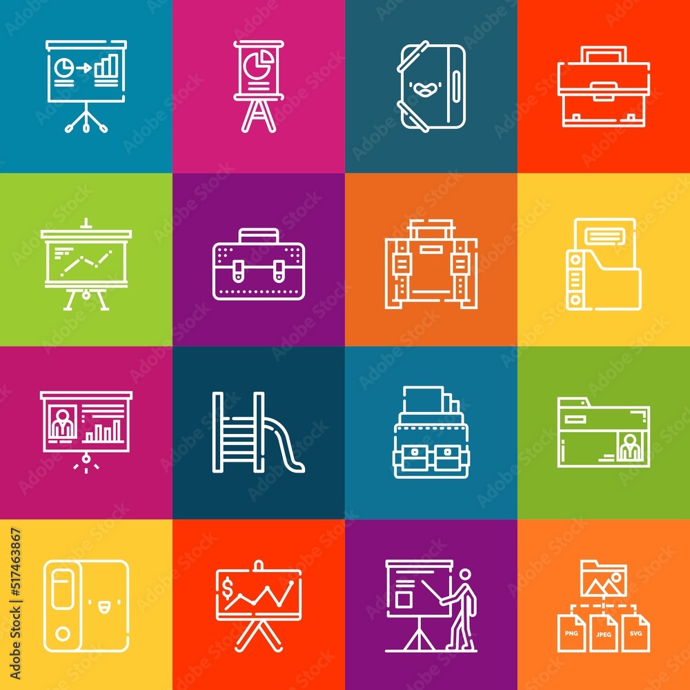 Poster modern thin line icons set of portfolio elements. premium quality outline symbol collection. simple 