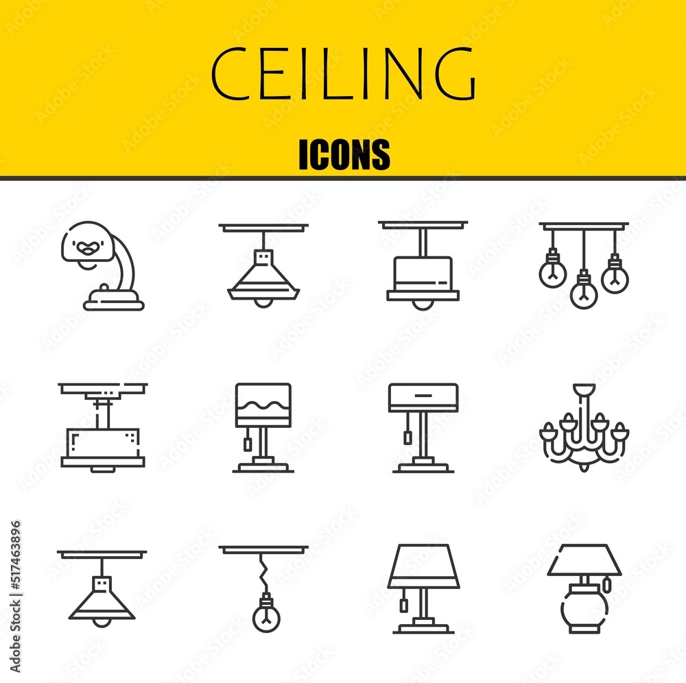 Poster ceiling vector line icons set. lamp, lamp and lamp icons. thin line design. modern outline graphic e