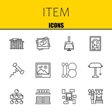 item vector line icons set. roller coaster, picture and dustpan Icons. Thin line design. Modern outline graphic elements, simple stroke symbols stock illustration
