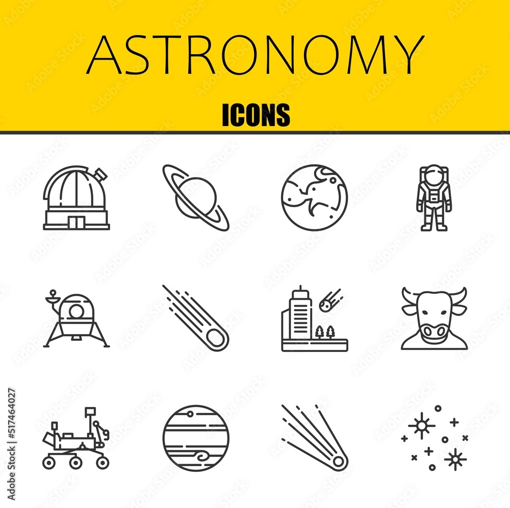 Poster astronomy vector line icons set. observatory, saturn and mars icons. thin line design. modern outlin