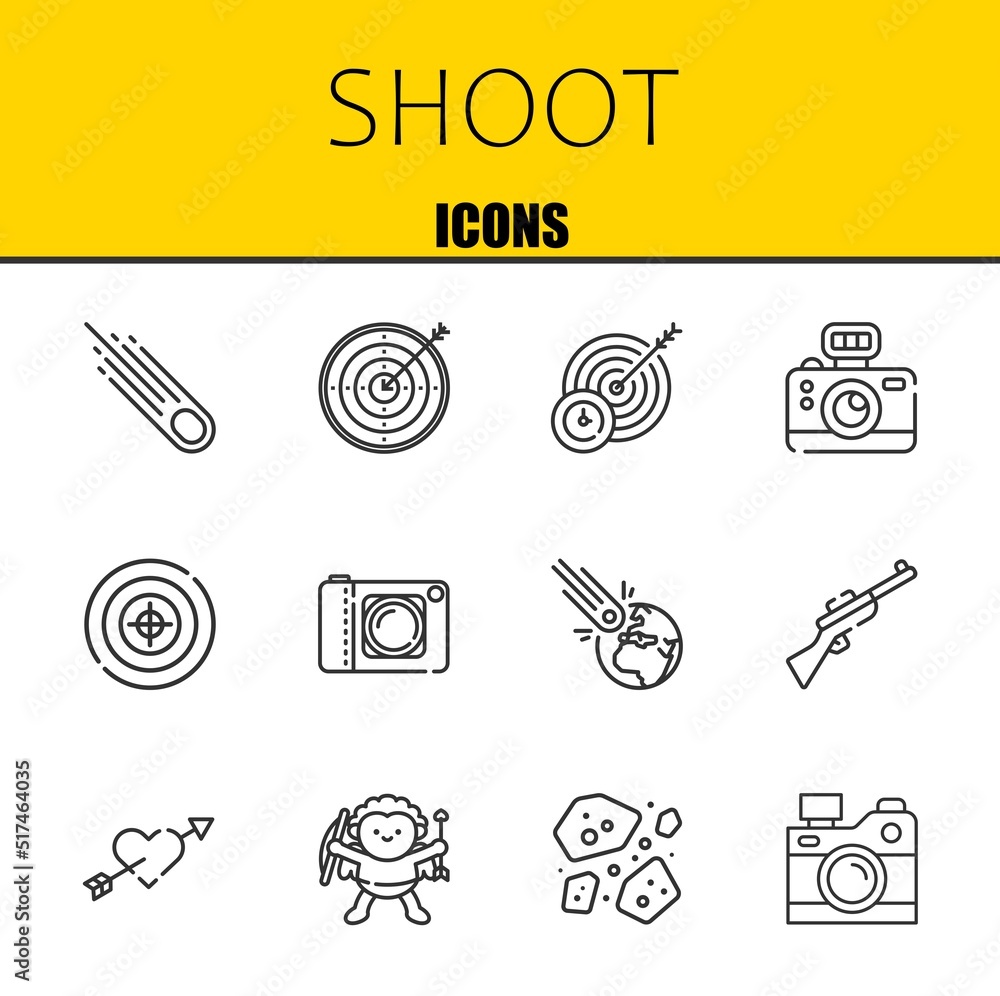 Poster shoot vector line icons set. asteroid, target and target icons. thin line design. modern outline gra