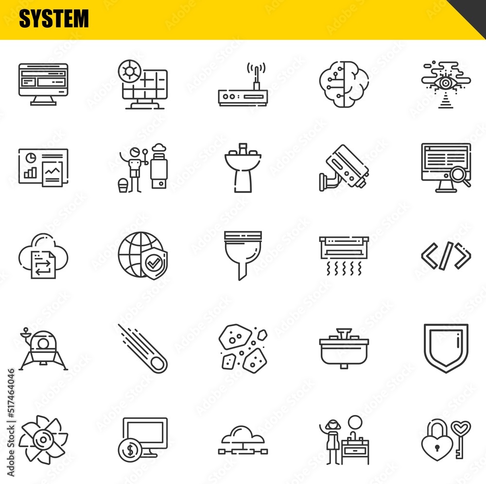 Poster system vector line icons set. computer, turbine and file transfer icons. thin line design. modern ou