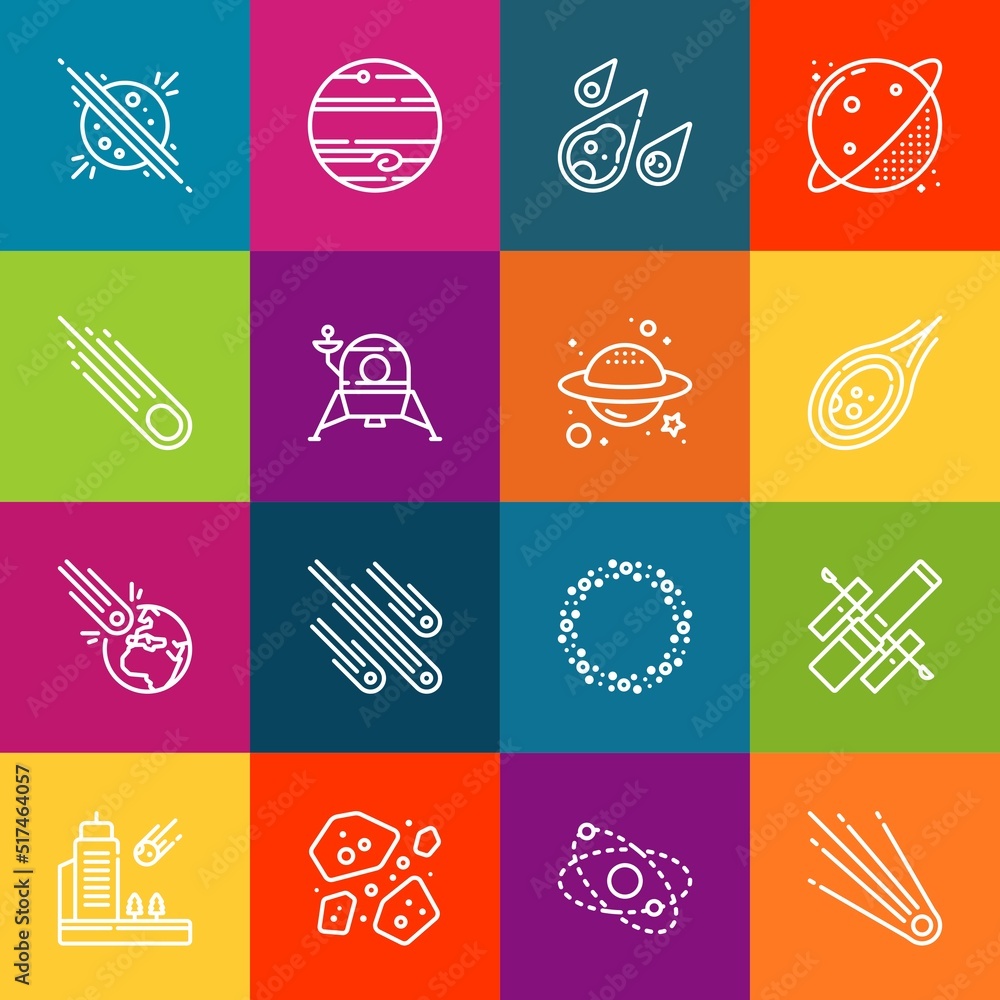 Poster modern thin line icons set of asteroid elements. premium quality outline symbol collection. simple m
