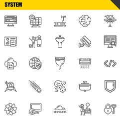 system vector line icons set. computer, turbine and file transfer Icons. Thin line design. Modern outline graphic elements, simple stroke symbols stock illustration