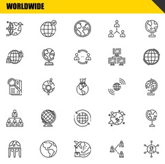 worldwide vector line icons set. worldwide, earth globe and observe Icons. Thin line design. Modern outline graphic elements, simple stroke symbols stock illustration