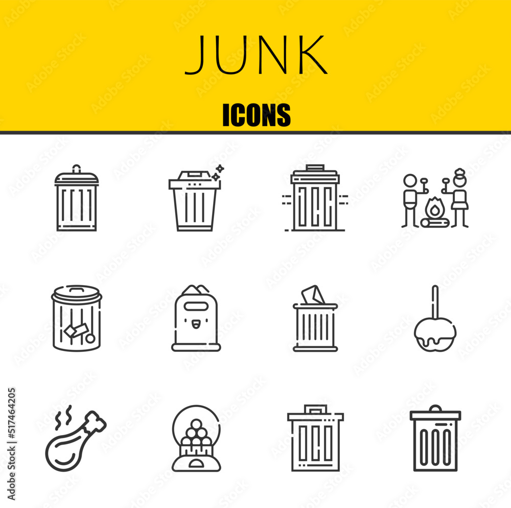Poster junk vector line icons set. garbage, trash and recycle bin icons. thin line design. modern outline g