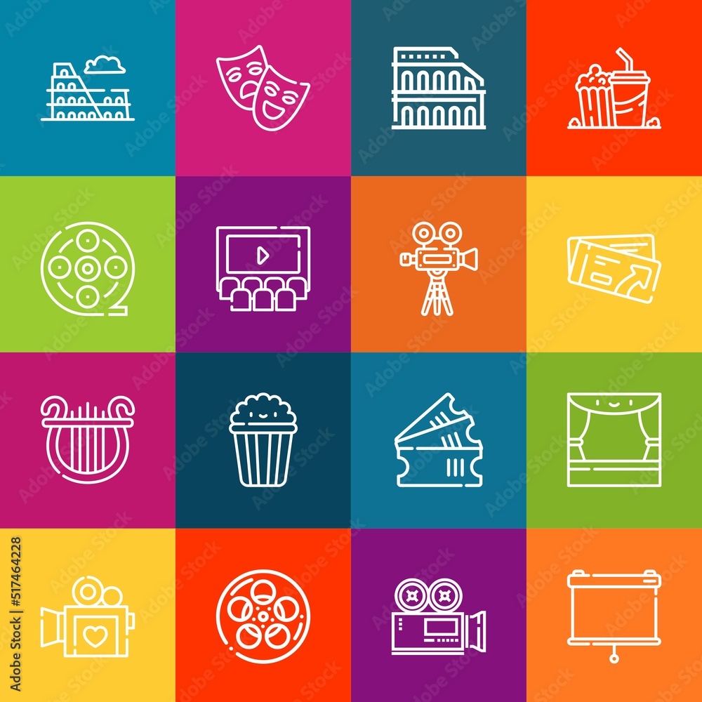 Poster modern thin line icons set of theater elements. premium quality outline symbol collection. simple mo