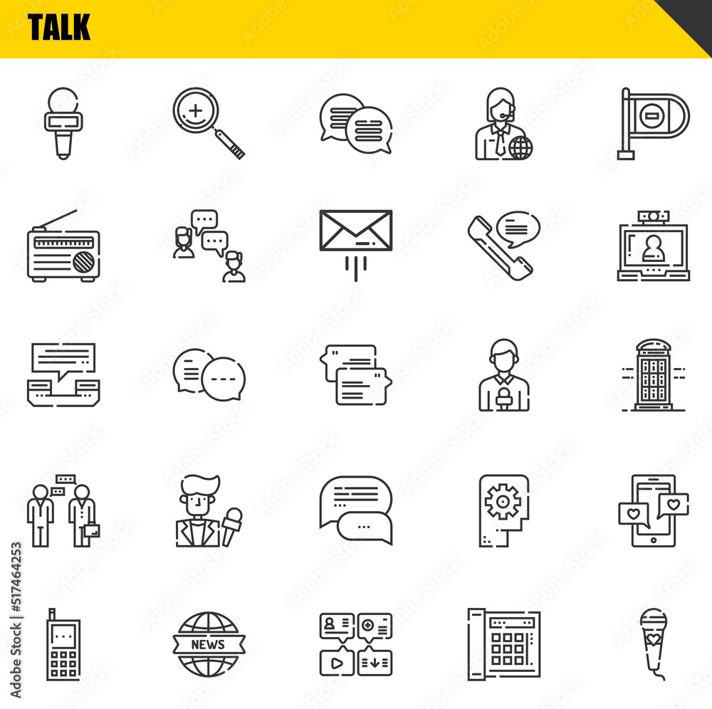 Poster talk vector line icons set. microphone, cellphone and phone call icons. thin line design. modern out