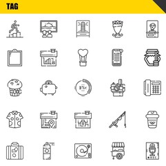 tag vector line icons set. promotion, luggage and muffin Icons. Thin line design. Modern outline graphic elements, simple stroke symbols stock illustration