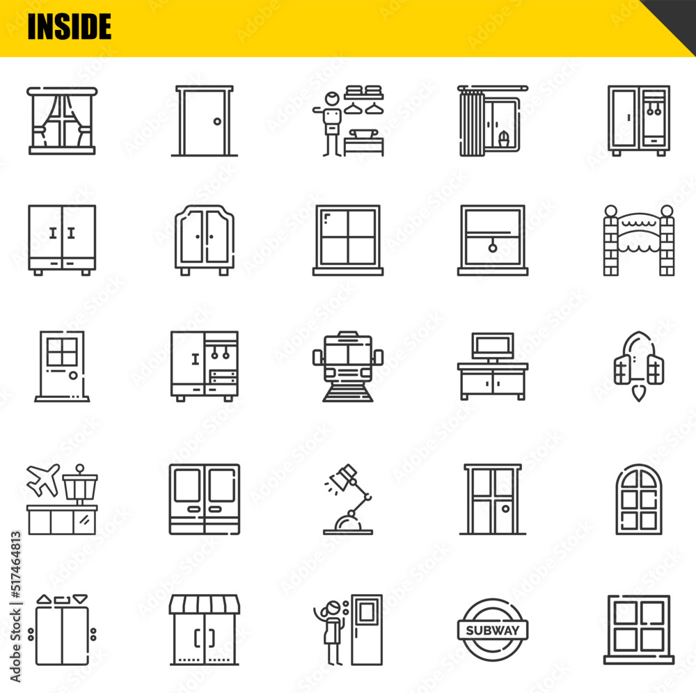Poster inside vector line icons set. window, elevator and door icons. thin line design. modern outline grap