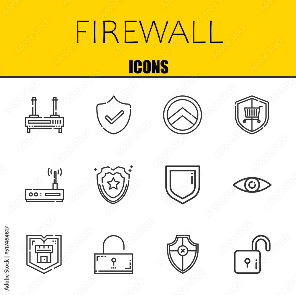 Poster firewall vector line icons set. router, security and shield icons. thin line design. modern outline 