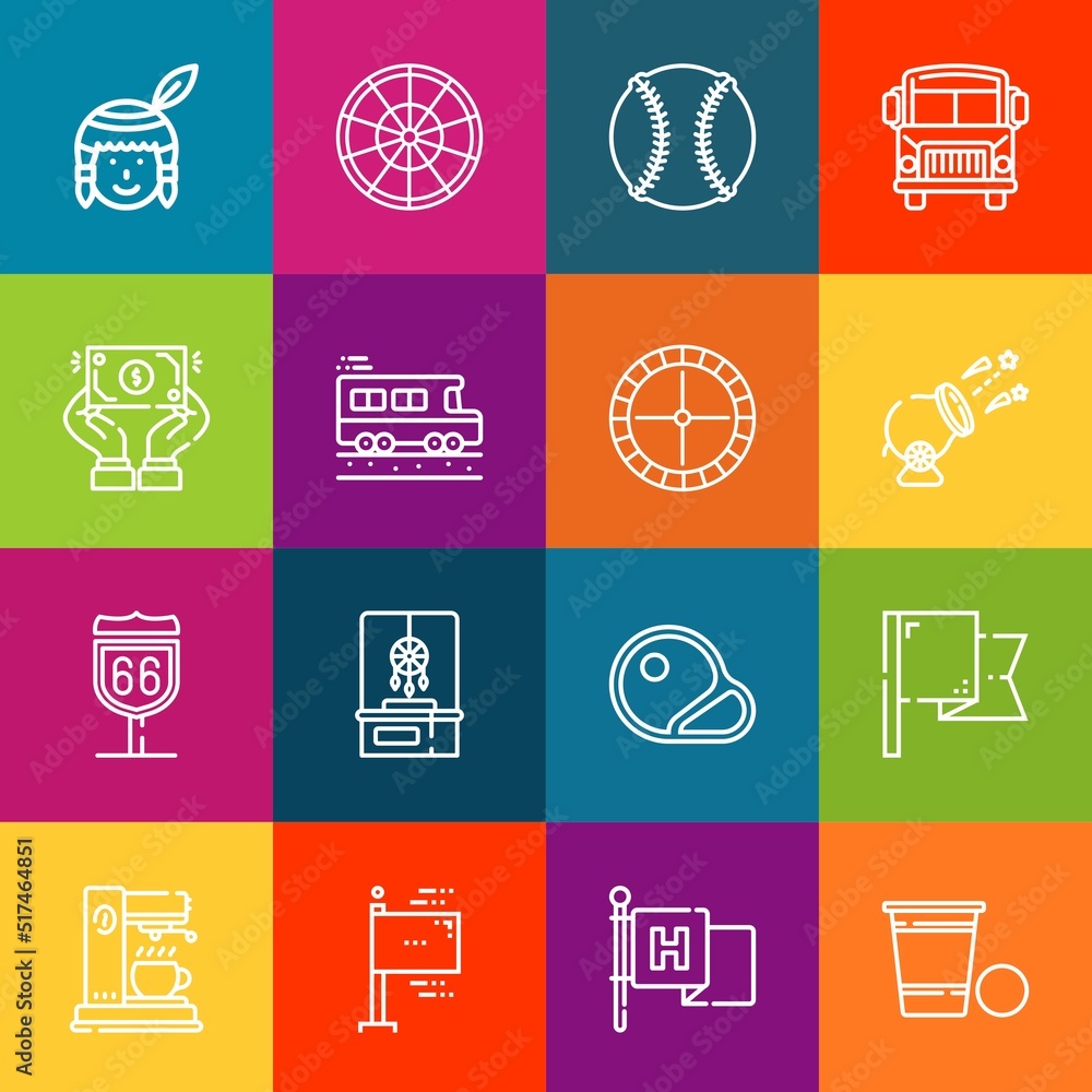 Poster modern thin line icons set of american elements. premium quality outline symbol collection. simple m