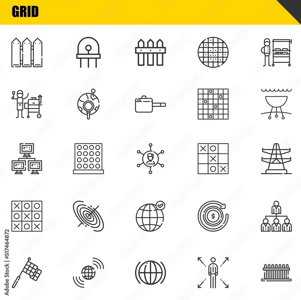 Poster grid vector line icons set. fence, racing and network icons. thin line design. modern outline graphi