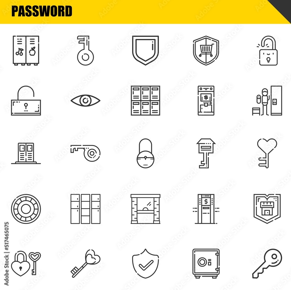Poster password vector line icons set. locker, padlock and locker icons. thin line design. modern outline g