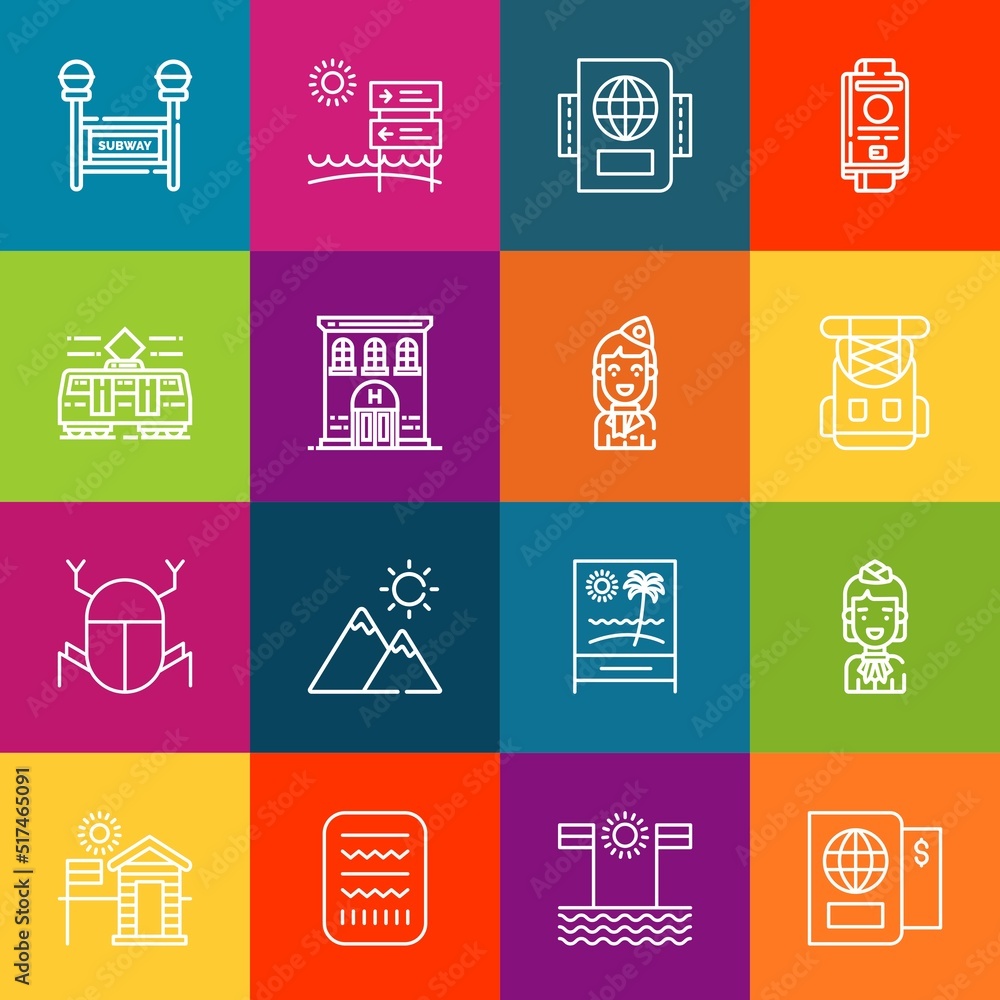 Poster modern thin line icons set of tourism elements. premium quality outline symbol collection. simple mo
