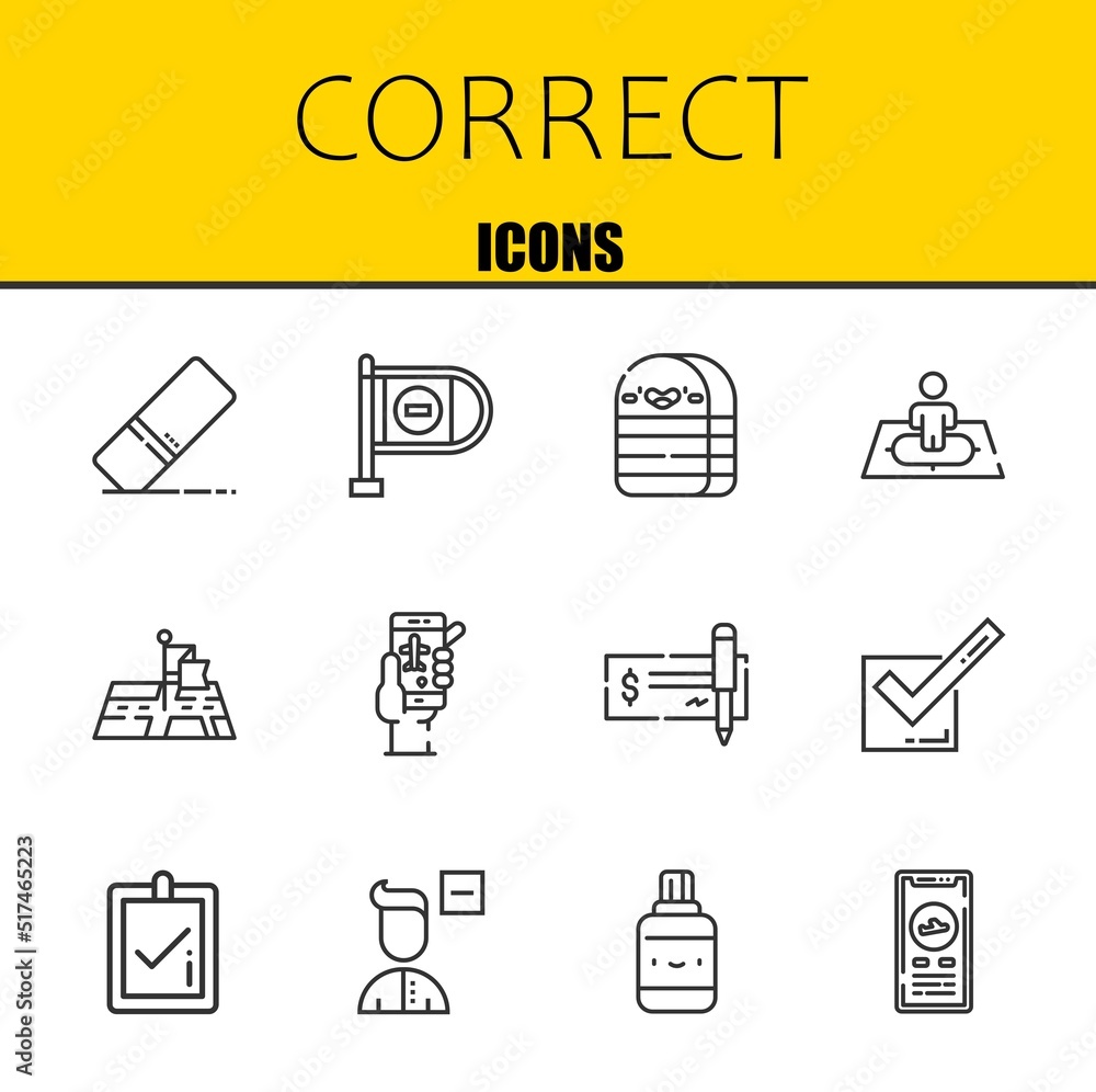 Poster correct vector line icons set. eraser, wrong way and eraser icons. thin line design. modern outline 