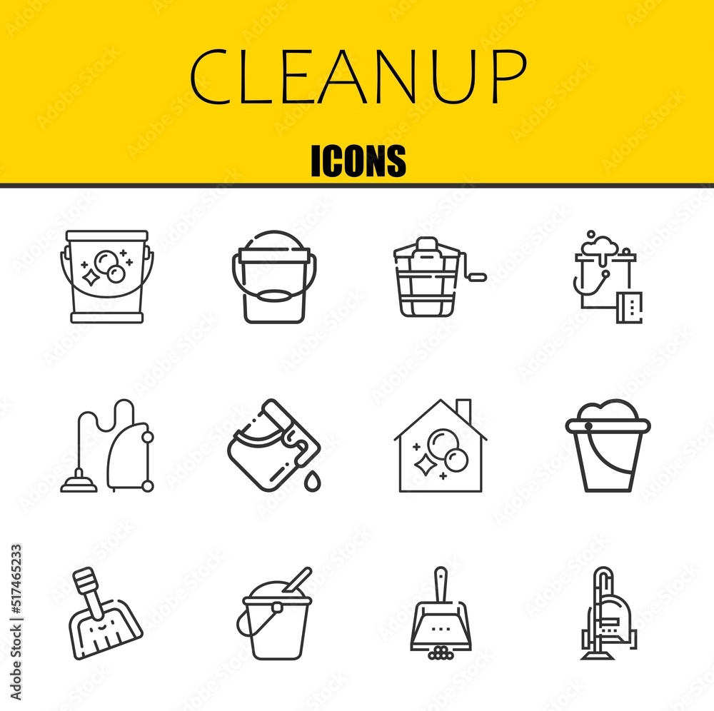 Poster cleanup vector line icons set. bucket, bucket and bucket icons. thin line design. modern outline gra