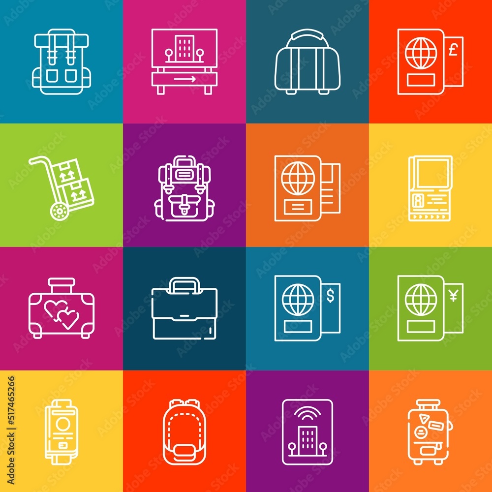 Poster modern thin line icons set of luggage elements. premium quality outline symbol collection. simple mo