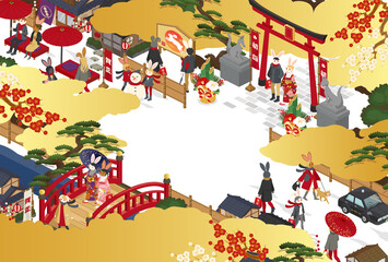 和風な街並みとうさぎの2023年の年賀状テンプレート(ベクターイラスト,art,holiday,asia,asian,card,japanese,celebration,greeting,postcard,new year)
