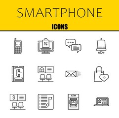 smartphone vector line icons set. cellphone, online shopping and chat Icons. Thin line design. Modern outline graphic elements, simple stroke symbols stock illustration
