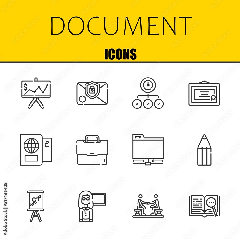 Poster document vector line icons set. presentation, email and task icons. thin line design. modern outline