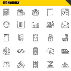 technology vector line icons set. calculator, industrial robot and notepad Icons. Thin line design. Modern outline graphic elements, simple stroke symbols stock illustration