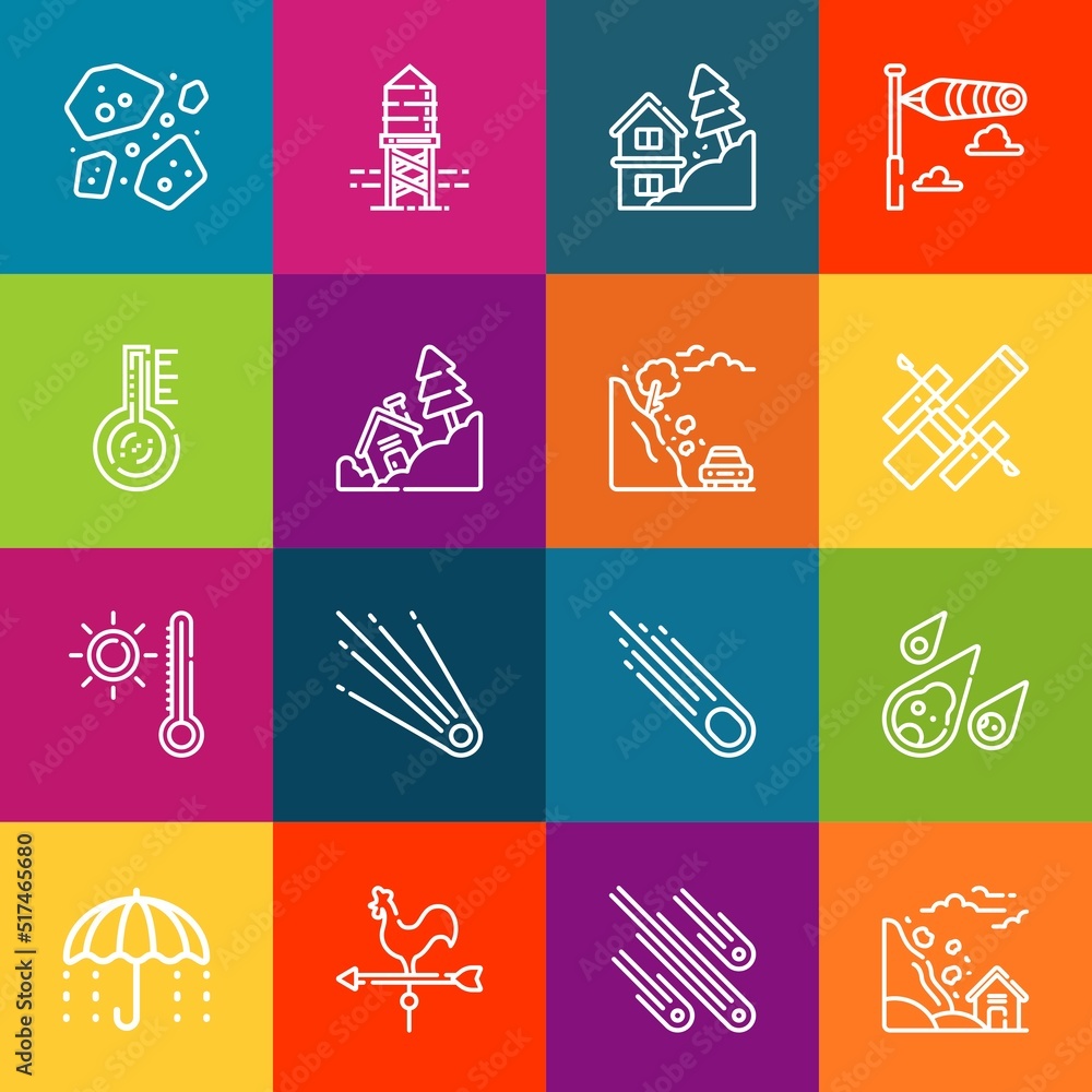 Poster modern thin line icons set of meteor elements. premium quality outline symbol collection. simple mon