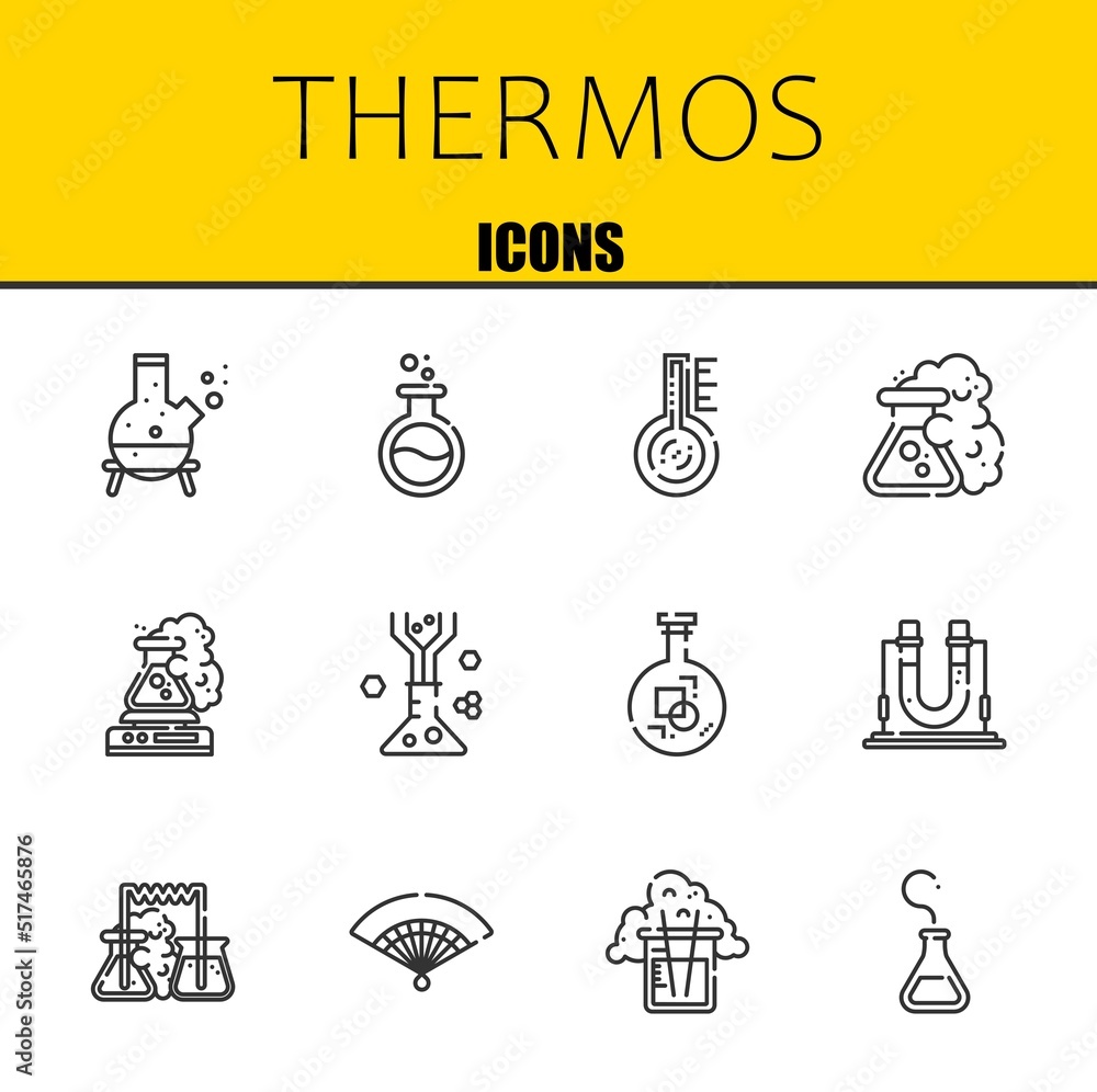 Poster thermos vector line icons set. flask, flask and thermometer icons. thin line design. modern outline 