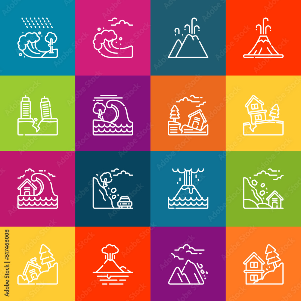 Poster modern thin line icons set of earthquake elements. premium quality outline symbol collection. simple