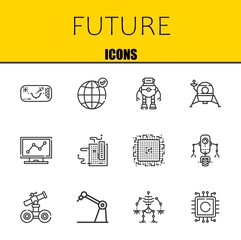 future vector line icons set. ar glasses, earth grid and robot Icons. Thin line design. Modern outline graphic elements, simple stroke symbols stock illustration