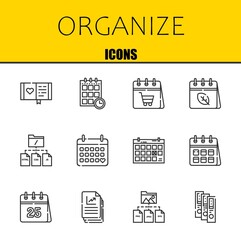 organize vector line icons set. diary, schedule and calendar Icons. Thin line design. Modern outline graphic elements, simple stroke symbols stock illustration