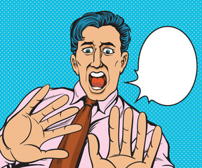 Young businessman shocked, scared, worried.hand drawn style vector design illustration.