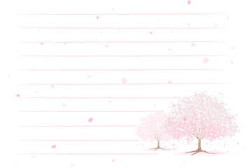 桜の木と桜の花びらが描かれた横書きの横用紙の便箋 - obrazy, fototapety, plakaty