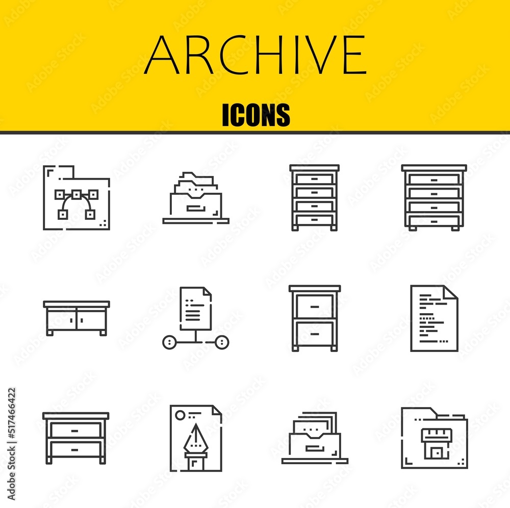 Poster archive vector line icons set. folder, filing cabinet and drawer icons. thin line design. modern out